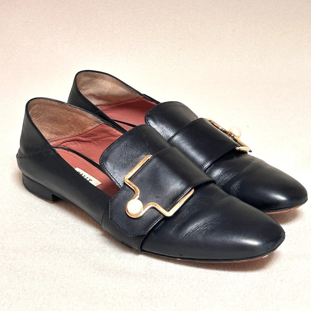 Bally Maelle Black Leather Pearl Gold Buckle Loafers Made Italy EU 38